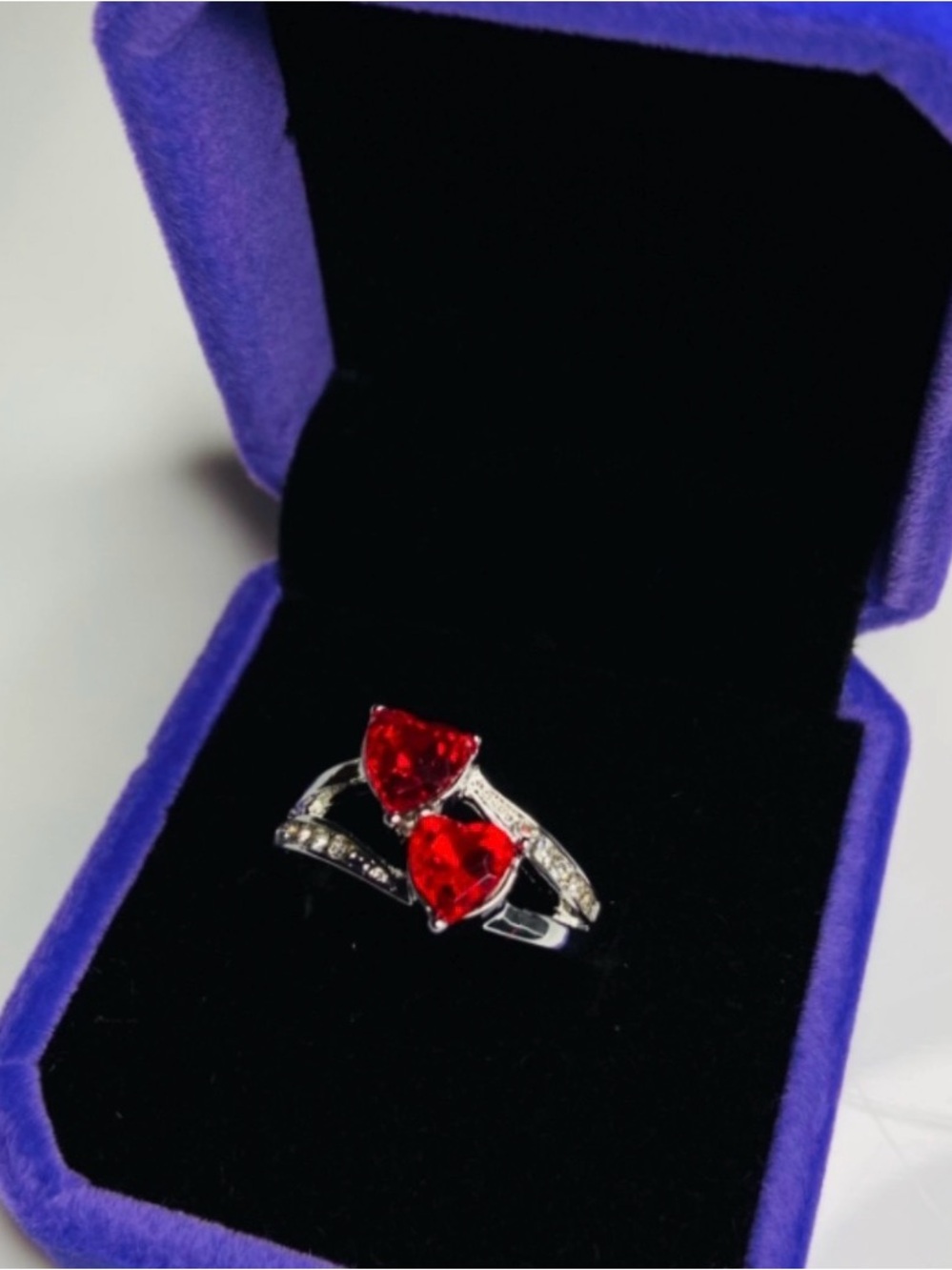 Silver Ring with Red Heart Gemstones